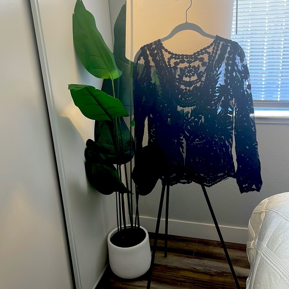 Beautiful embroidery, sheer, black long sleeve blouse